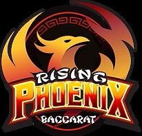 Logo for Rising Phoenix Baccarat featuring a stylized golden-orange phoenix with a Greek key border on a black background.