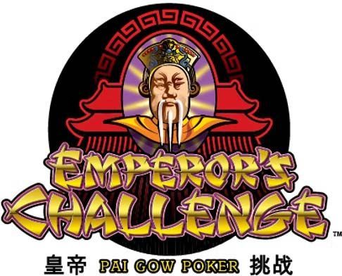 Logo for Emperor’s Challenge Pai Gow Poker, featuring a stylized emperor icon over gold text on a black circular background.