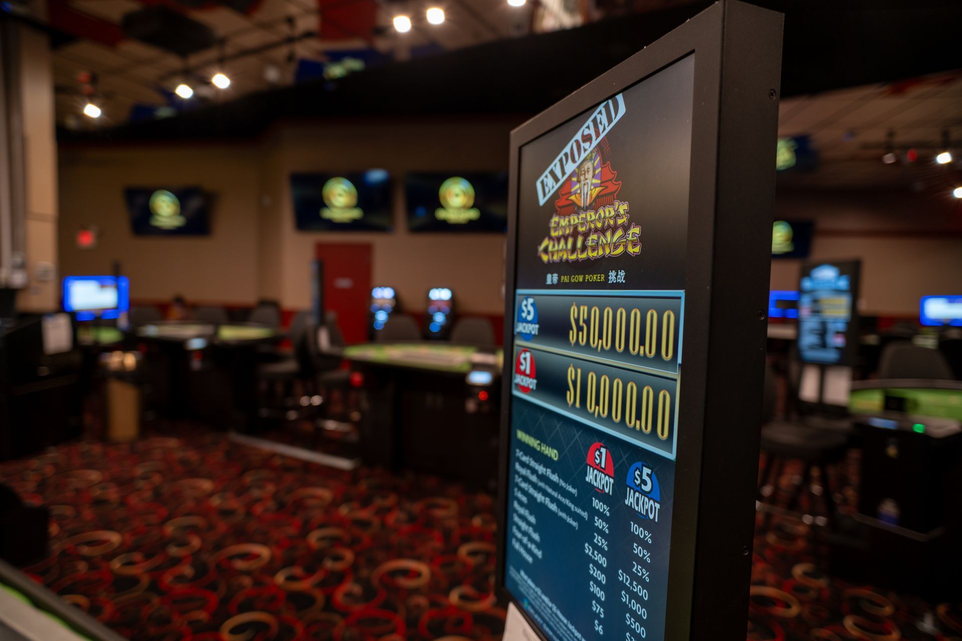 A casino floor featuring yellow game tables, rows of chairs, and a bar area with multiple TVs displaying sports programs.