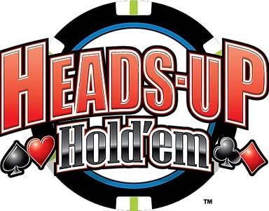 Logo for Heads-Up Hold’em with red text, black outline, and poker suit icons over a stylized black and blue poker chip.