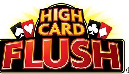 Logo for the casino table game High Card Flush featuring gold text above large red lettering with suit icons.