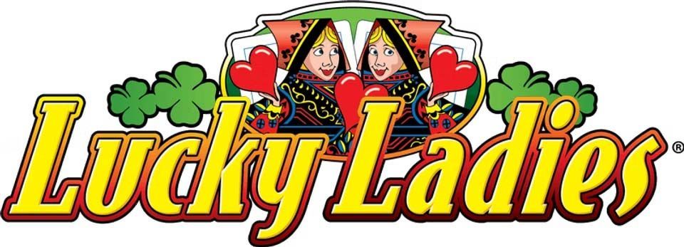 Logo for Lucky Ladies, featuring two illustrated playing card queens, green shamrocks, and yellow text on a white background.