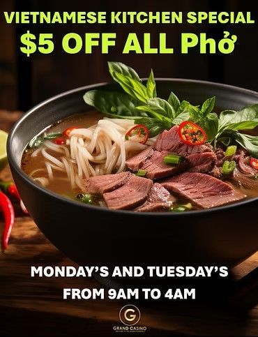 A bowl of beef Pho with noodles and herbs, advertising a $5 discount on Mondays and Tuesdays from 9am to 4am.