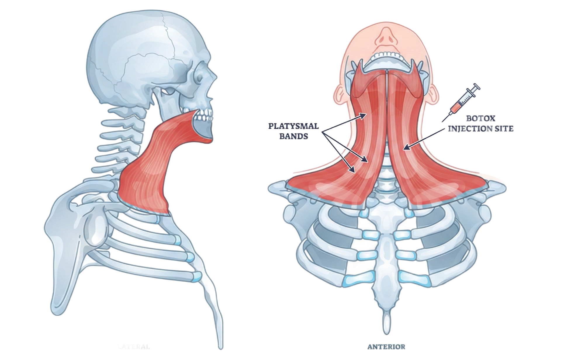 Illustration of botox for neck rejuvenation and platysmal bands