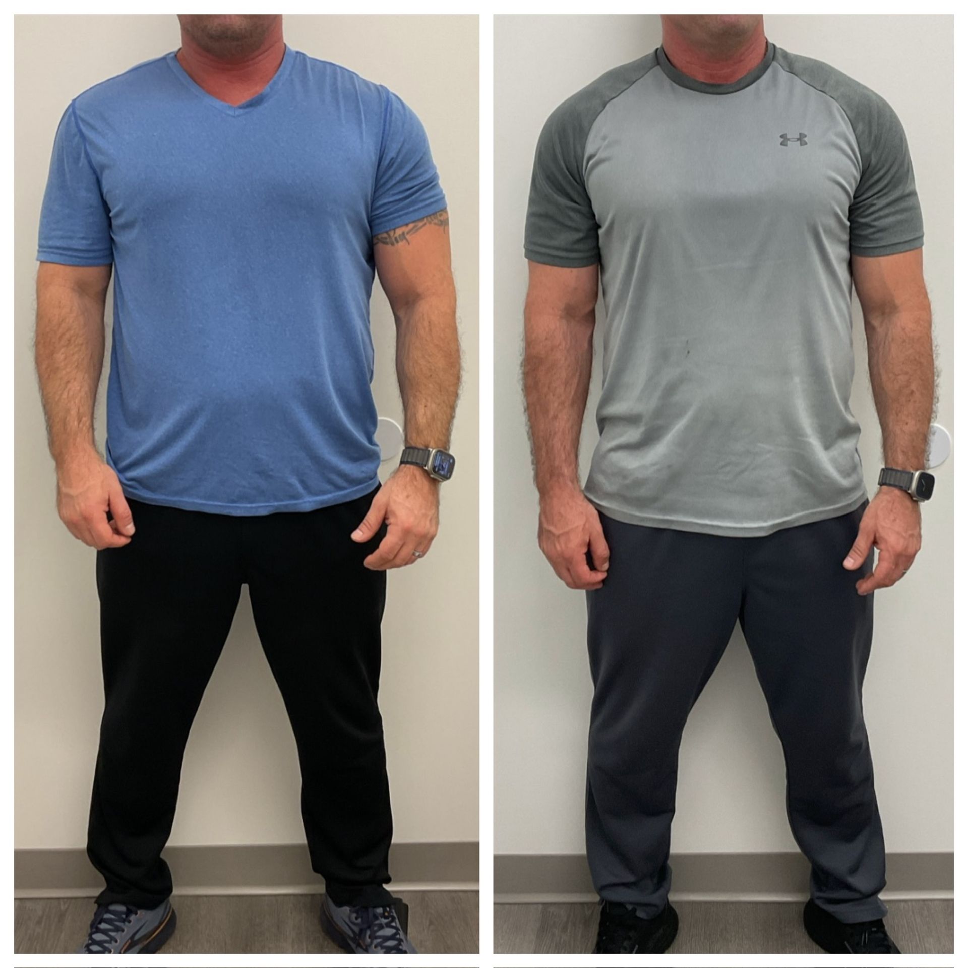 A man in a blue shirt and a man in a grey shirt