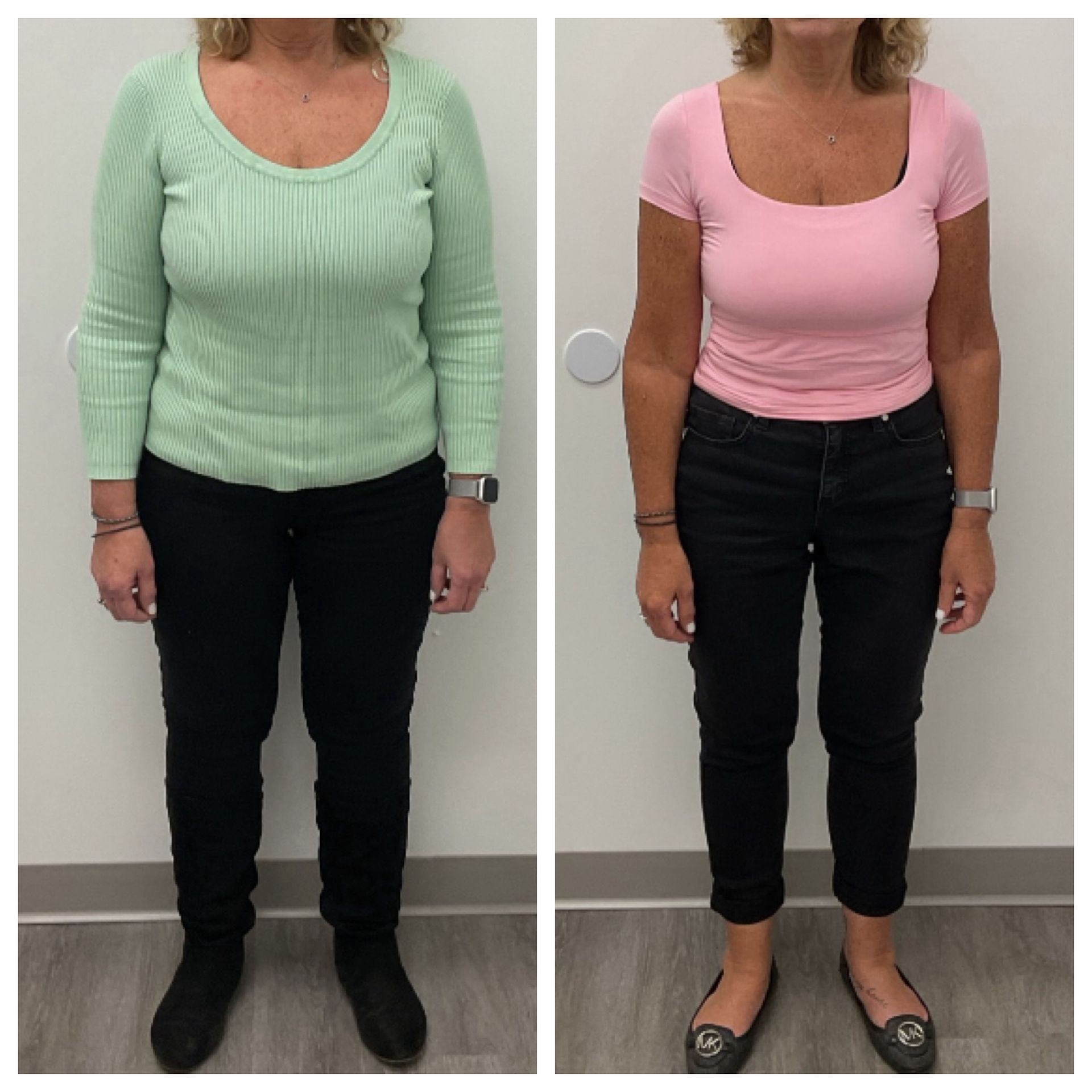 A before and after photo of a woman wearing a green sweater and a pink shirt.