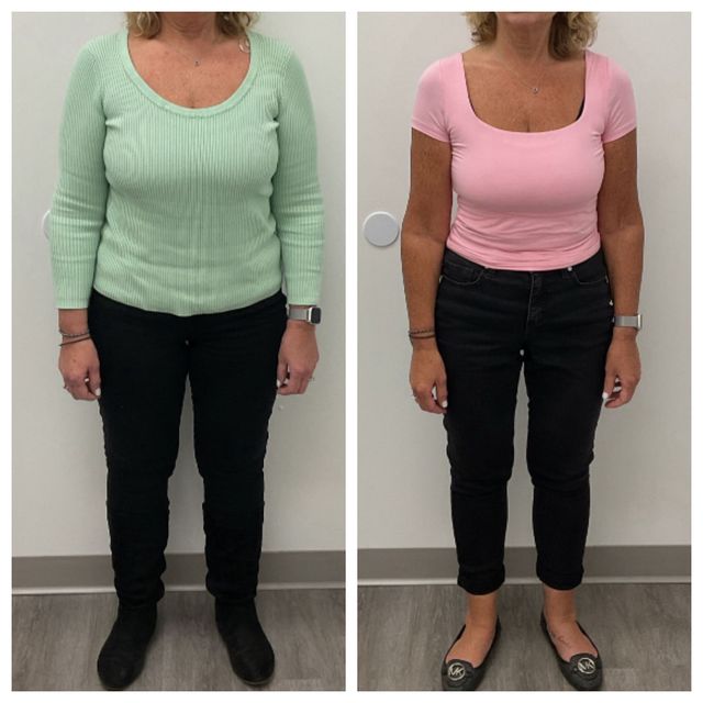 Two side-by-side full-body photos of a person in different tops and black pants against a plain wall