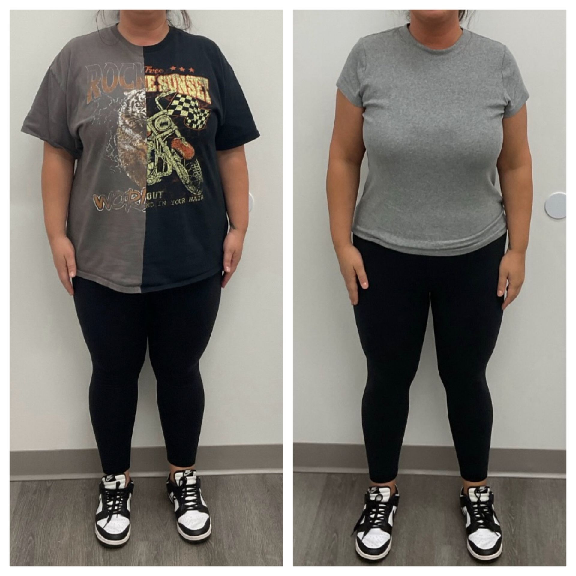 Side-by-side before-and-after full-body photos of a person in workout clothes against a plain wall.