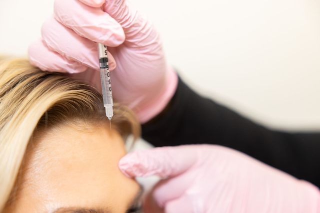 A woman is getting a botox injection in her forehead.