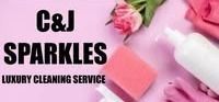 C&J Sparkles logo with cleaning supplies on a pink background, advertising luxury cleaning services.