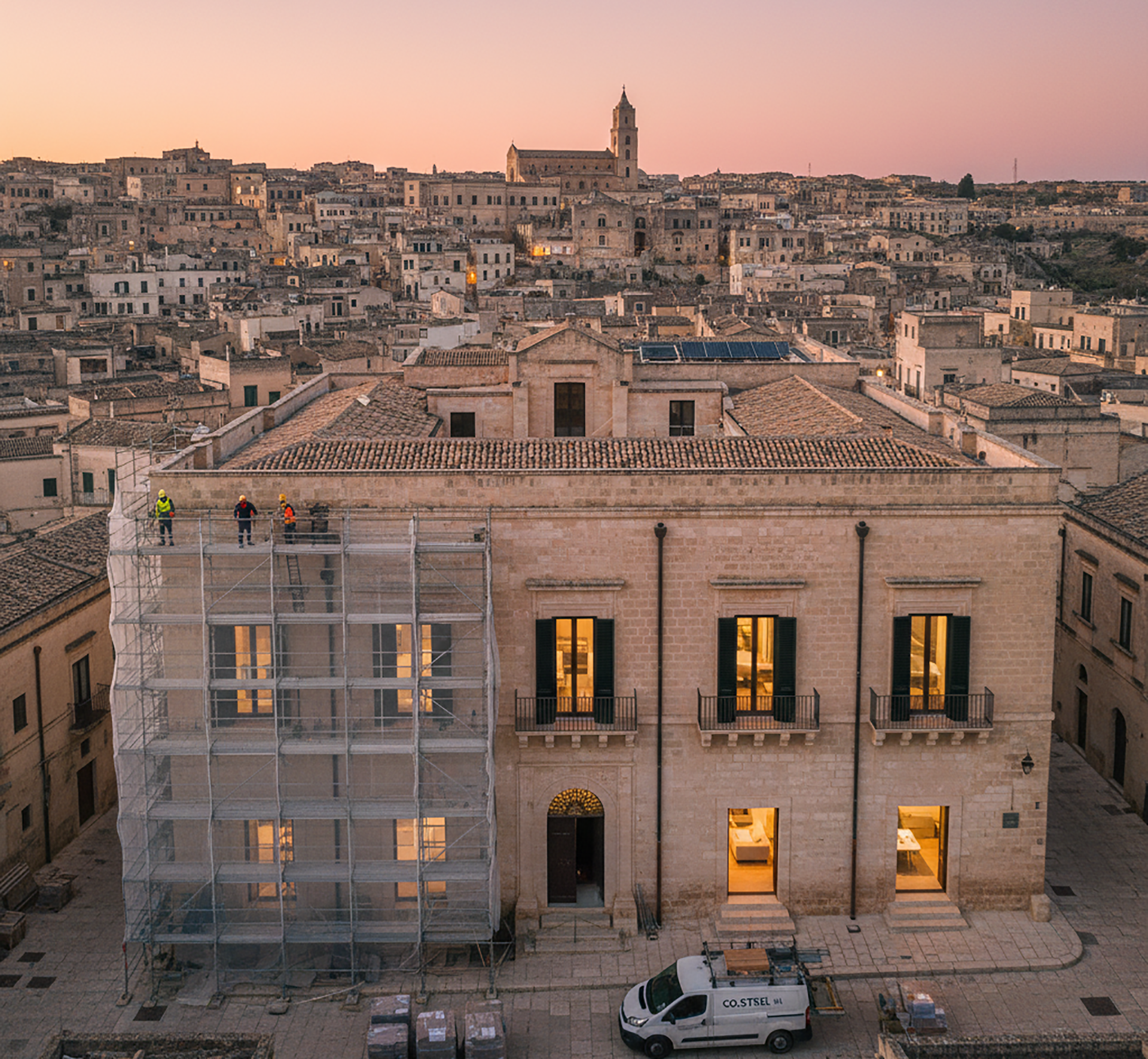 Edificio in fase di ristrutturazione nella piazza di una città italiana, impalcature sulla sinistra, tramonto sullo sfondo.