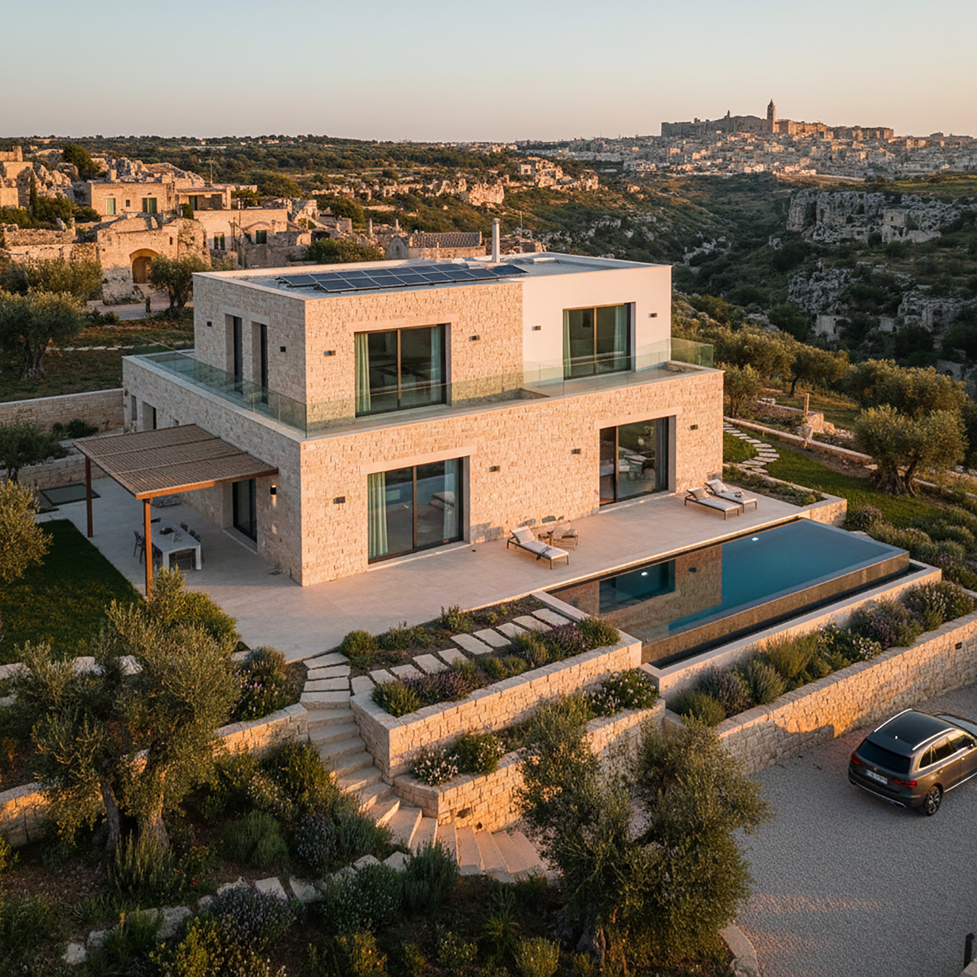Casa moderna con piscina e vista panoramica su una città storica illuminata dal sole.