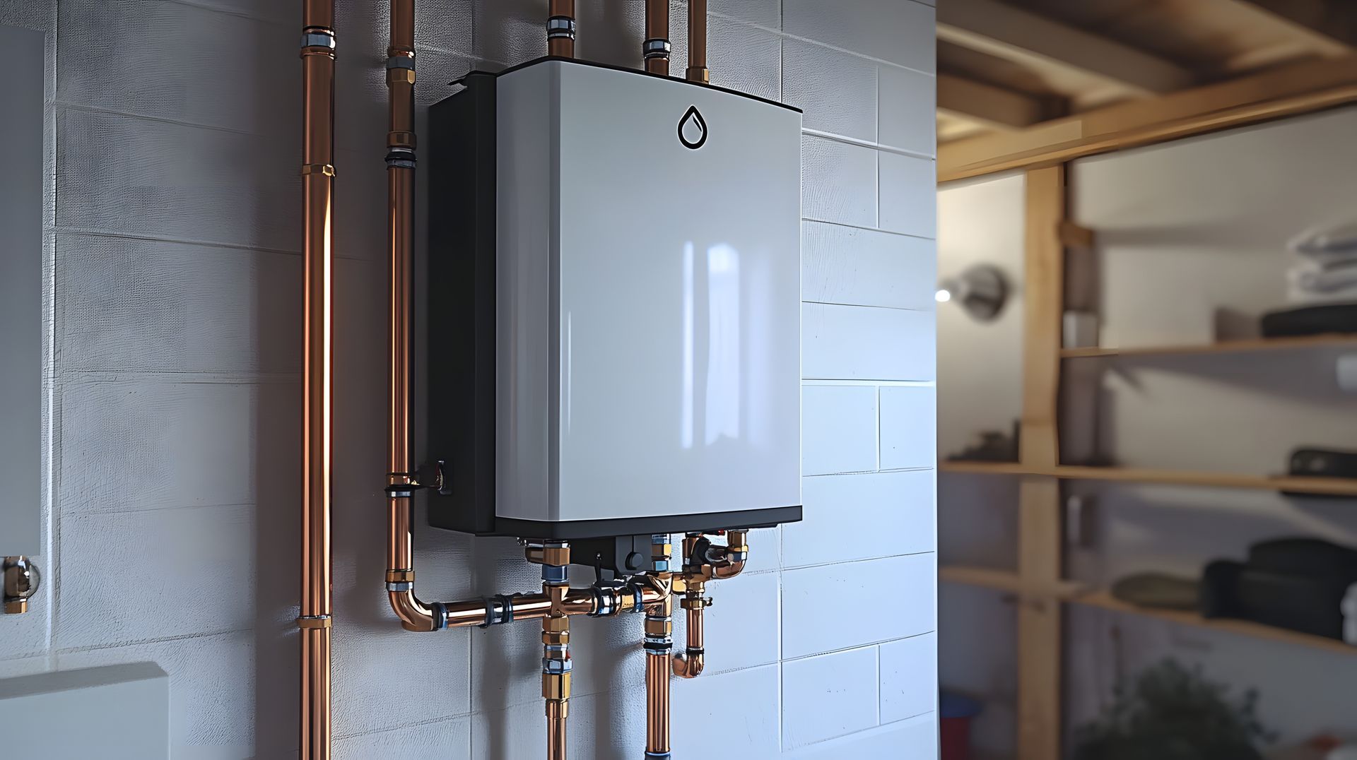 modern tankless water heater installed in a basement