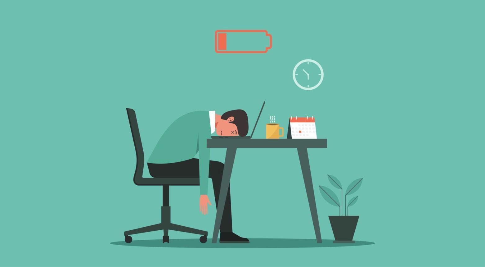 Person slumped over desk in a teal office, with laptop, clock, chair, and potted plant nearby.