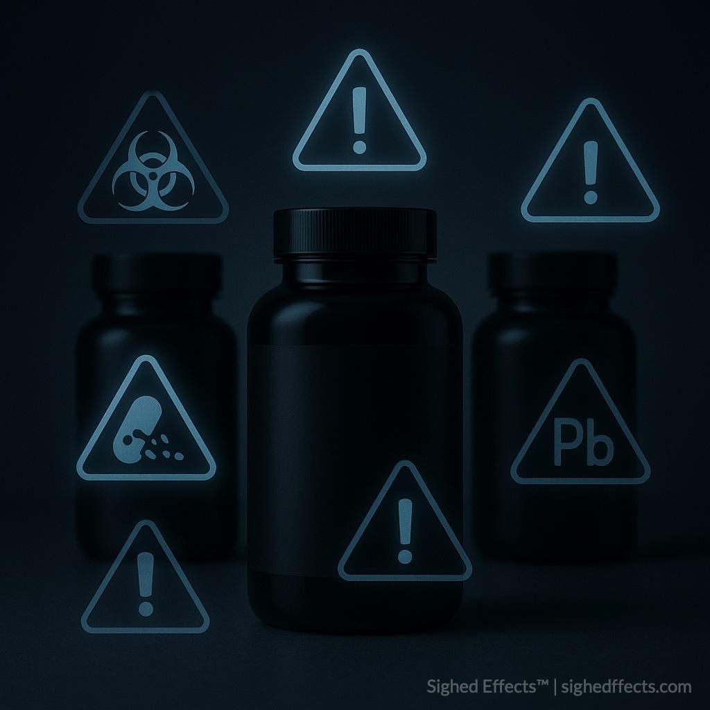 Dark bottles with glowing hazard symbols for biohazard, warning, poison, and Pb symbols