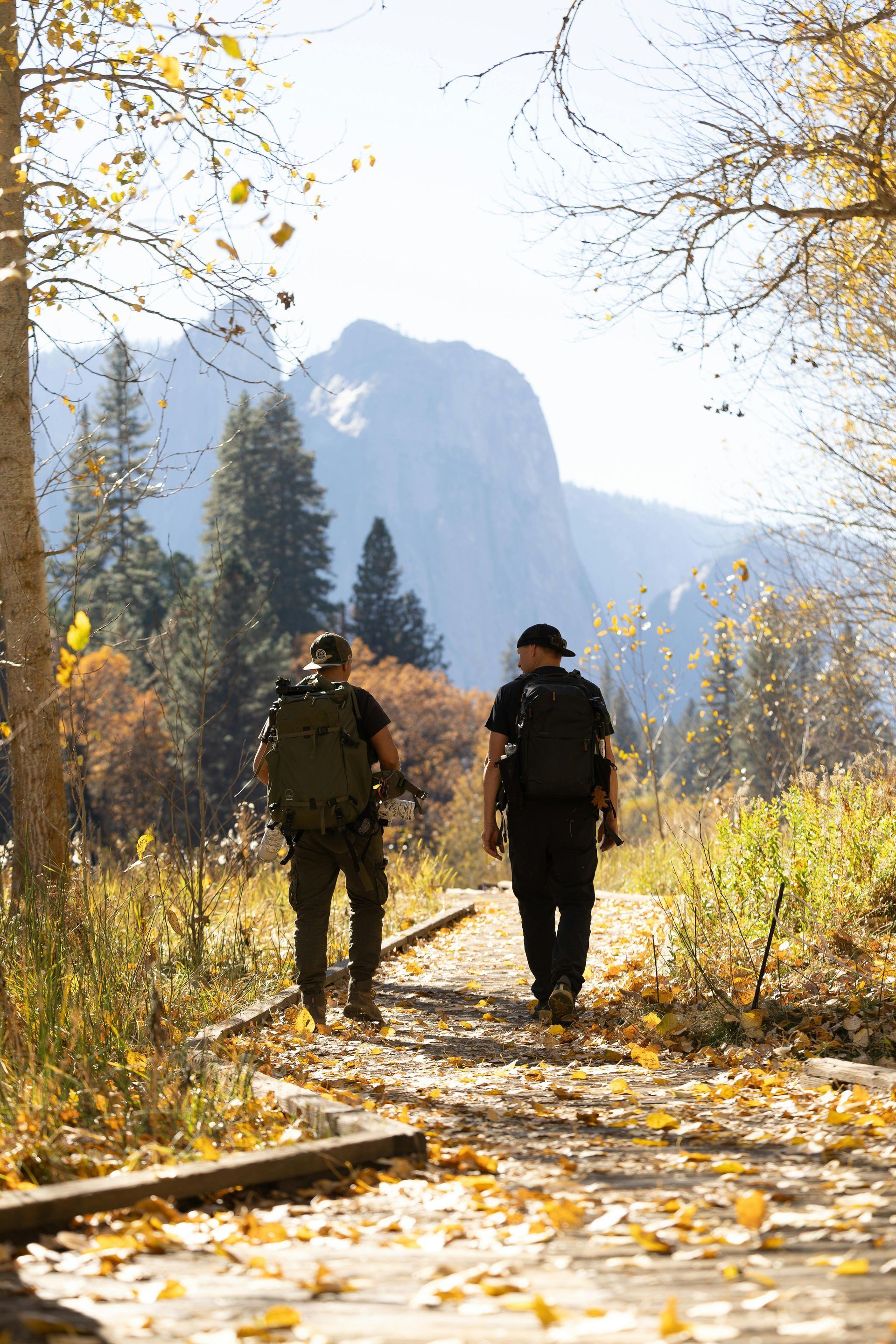 Two people hiking on a trail in a forest with mountains in the background. Autumn leaves.