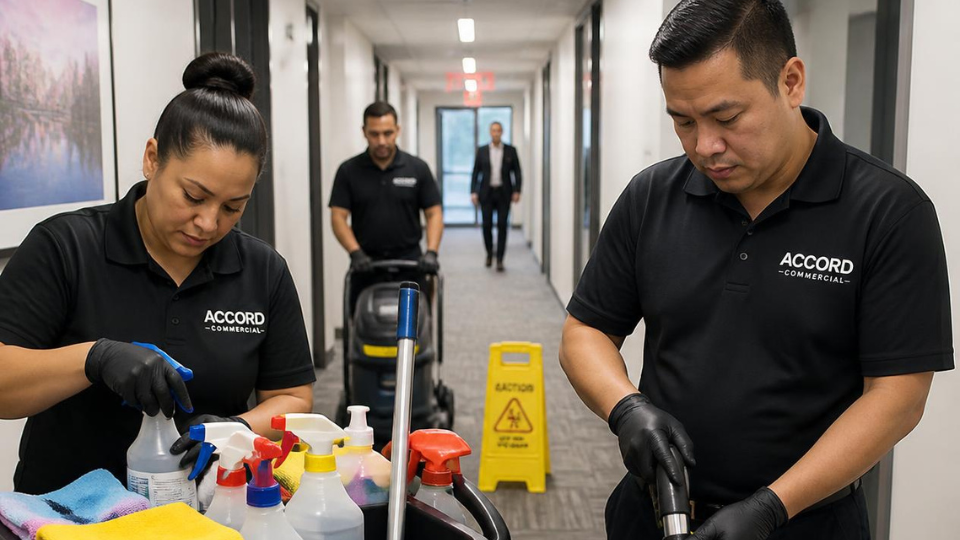 Commercial janitorial services team preparing equipment