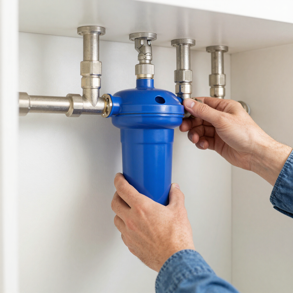 Hands adjusting a blue water filter housing with pipes attached to a wall