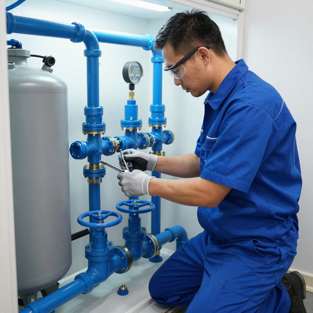Technician repairing blue valves and piping inside a home water treatment system