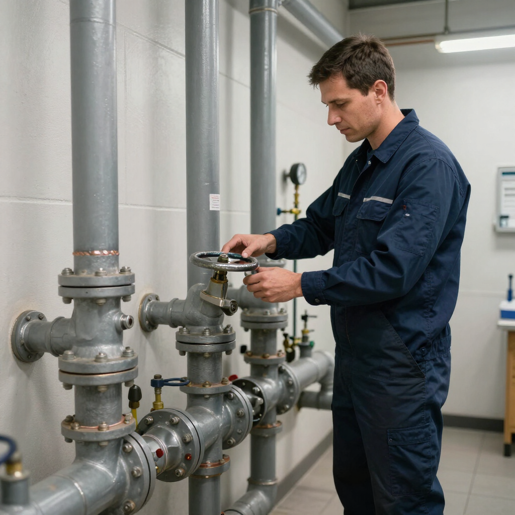 Technician in uniform adjusting gray pipes and valves in a utility room