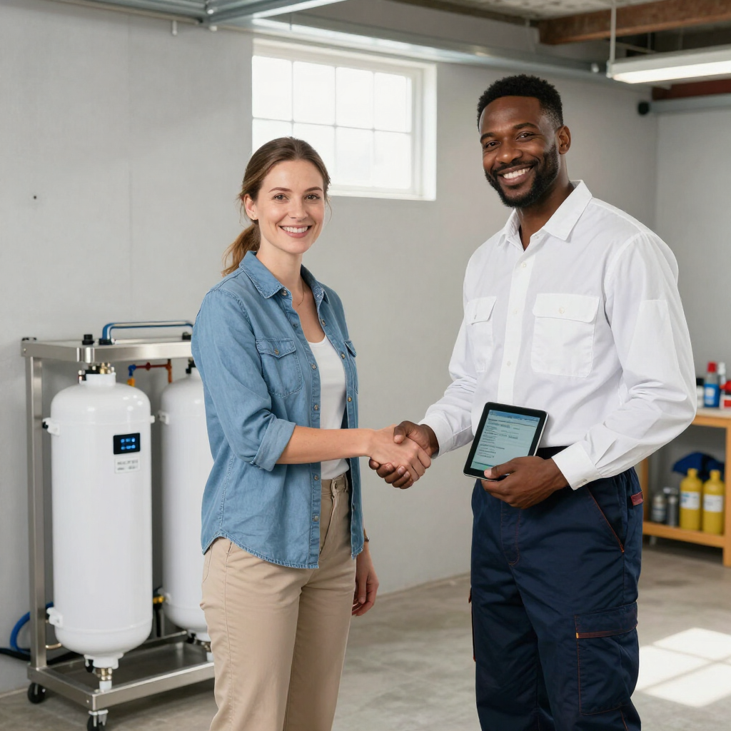 Homeowner shaking hands with technician after a water softener rental installation
