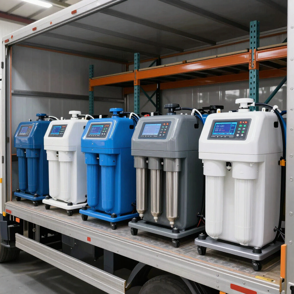 Rows of water filtration and conditioning rental equipment ready for delivery