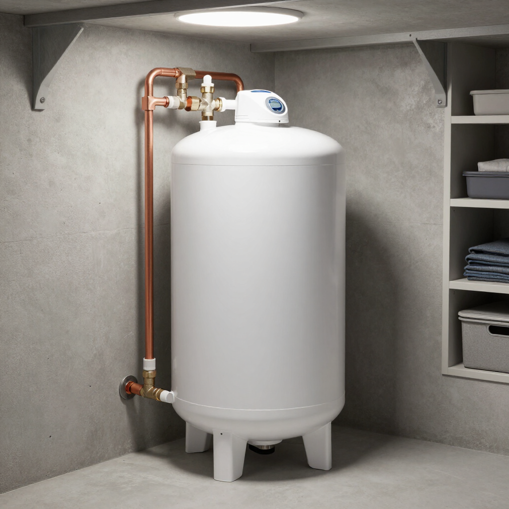 Clean modern water softener rental tank installed neatly in a home basement