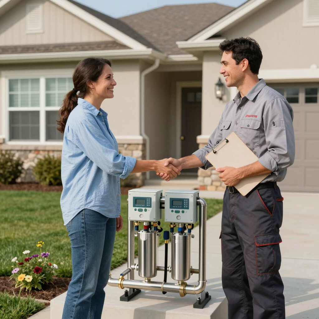 Homeowner shaking hands with technician after a successful installation