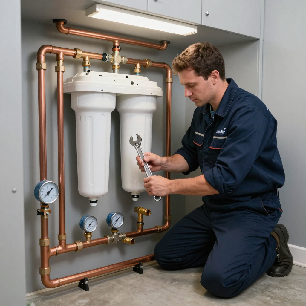 Technician fitting and connecting new pipes for a whole home water filtration installation