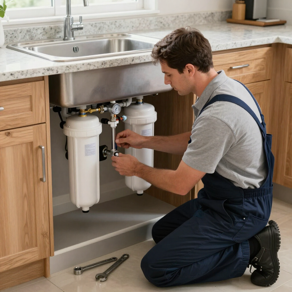 Technician installing a reverse osmosis drinking water system under a kitchen sink