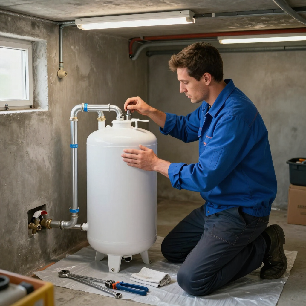Technician carefully installing a new water softener tank and connecting pipes