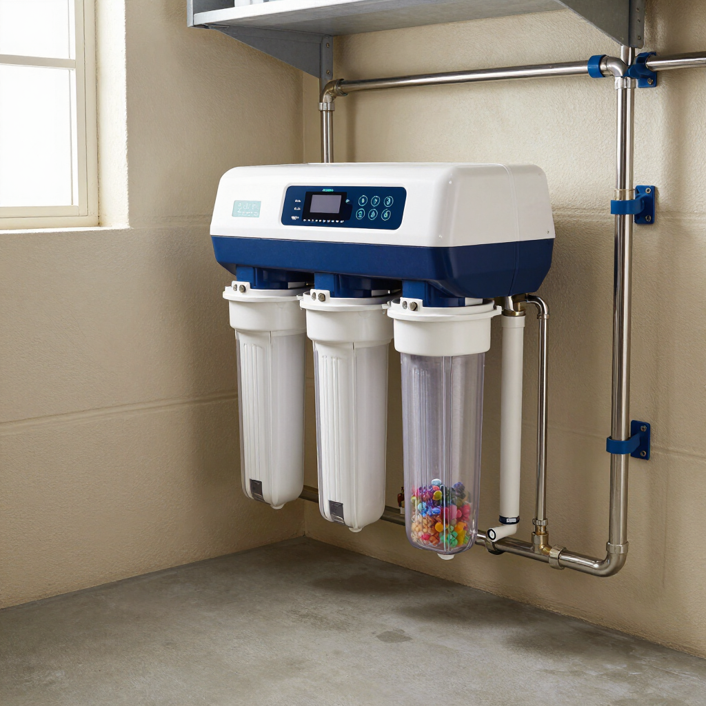 Freshly installed water softener and filtration system neatly fitted in a home basement
