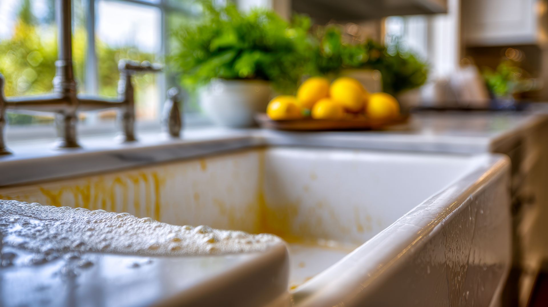 White farmhouse sink beside a sunny kitchen window with lemons on the counter.