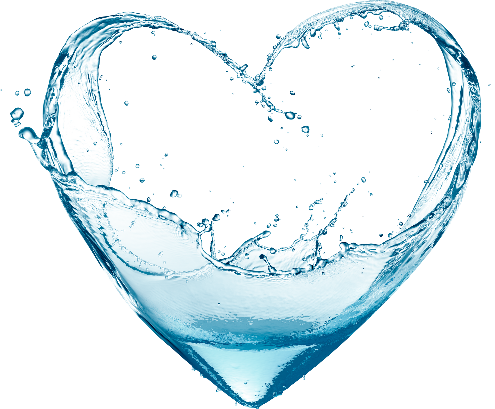 Blue water splash forming a heart shape on a white background