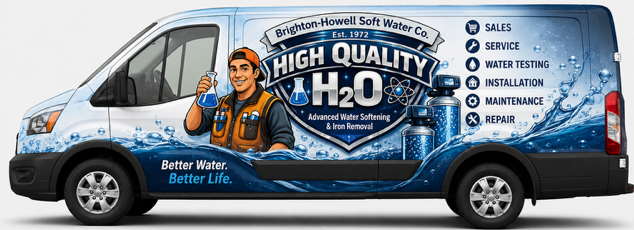 Blue-and-white water service van with “HIGH QUALITY H2O” branding and a technician illustration Blue-and-white water service van with “HIGH QUALITY H2O” branding and a technician illustration