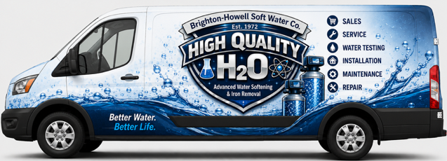 White high-quality H2O cleaning service van with blue water splash graphics and service list on the side.
