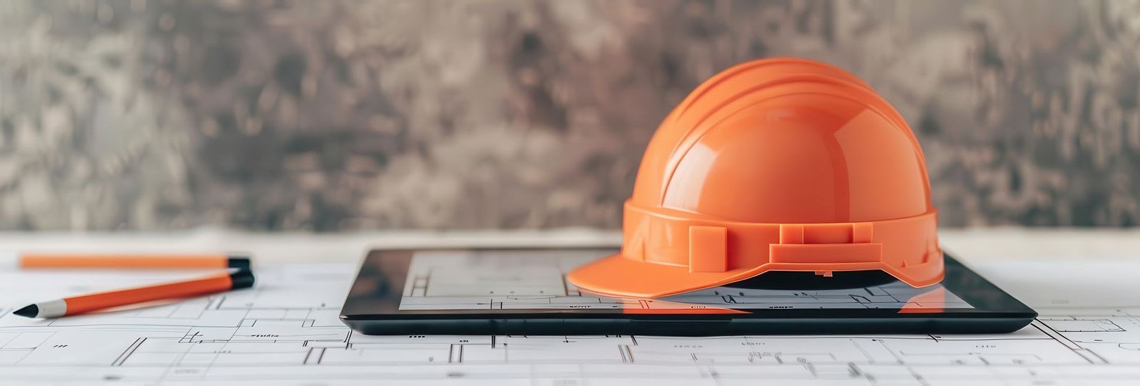 Un casque de chantier orange posé sur une tablette, avec un crayon et des plans.