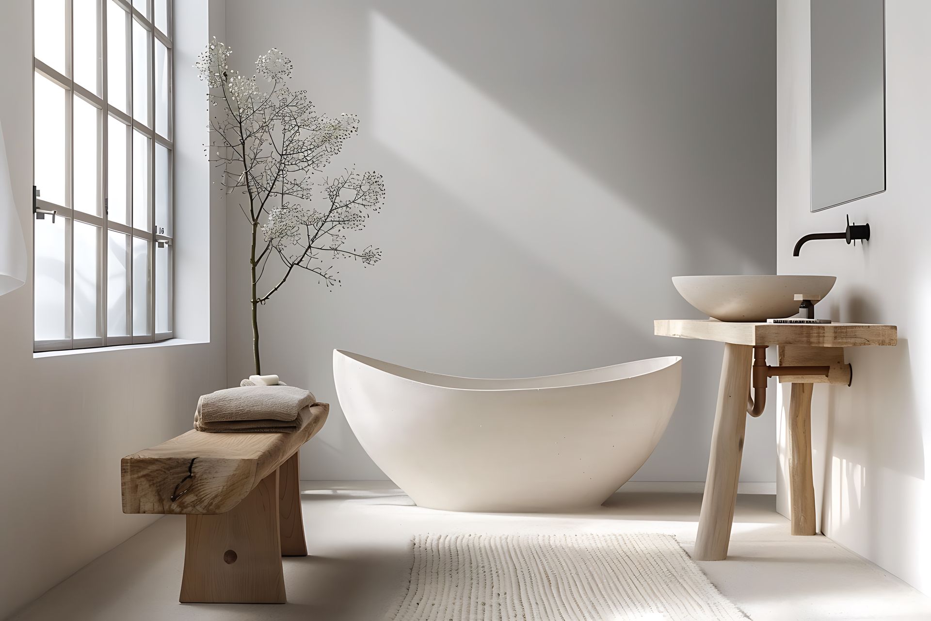 Salle de bains minimaliste avec baignoire ovale blanche, banc en bois et lavabo ; la lumière du soleil entre par une fenêtre.