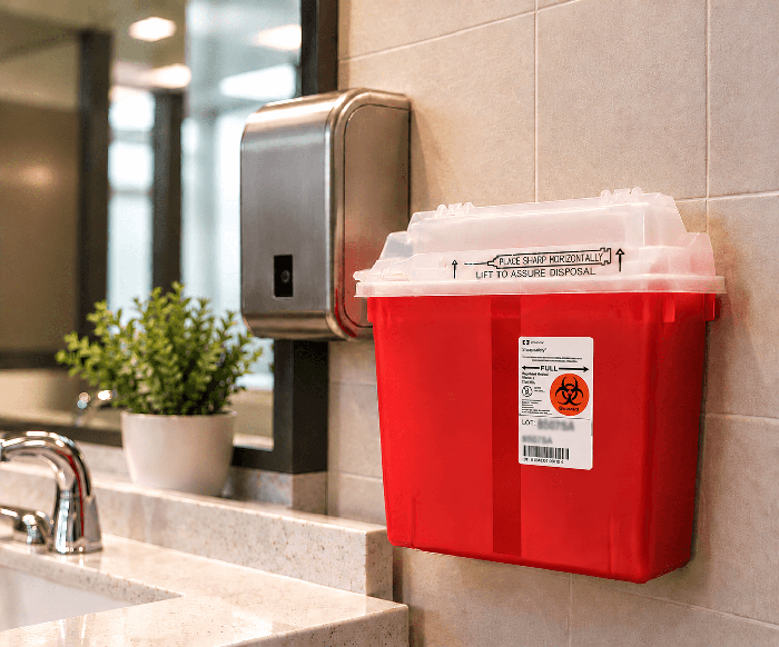 Red sharps disposal container mounted on a bathroom wall beside a sink and soap dispenser.