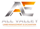 Logo for All Valley Land Management & Excavation in gray and orange text with stylized AV initials