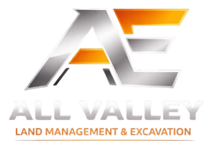 Logo for All Valley Land Management & Excavation in gray and orange text with stylized AV initials