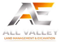 Logo for All Valley Land Management & Excavation in gray and orange text with stylized AV initials