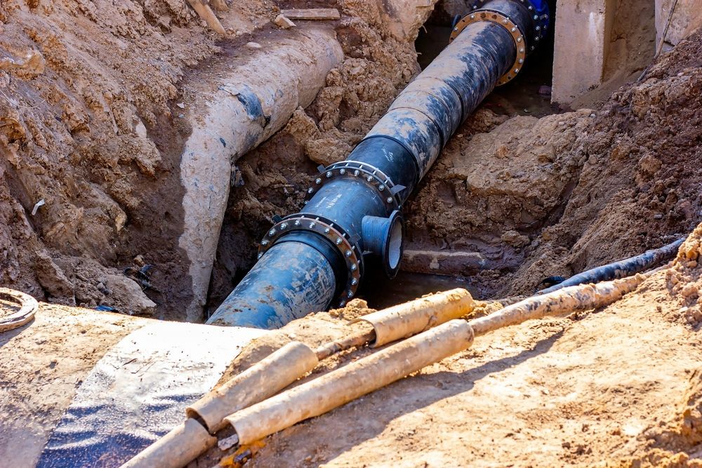 Blue underground pipe being installed in a dirt trench with wooden supports nearby