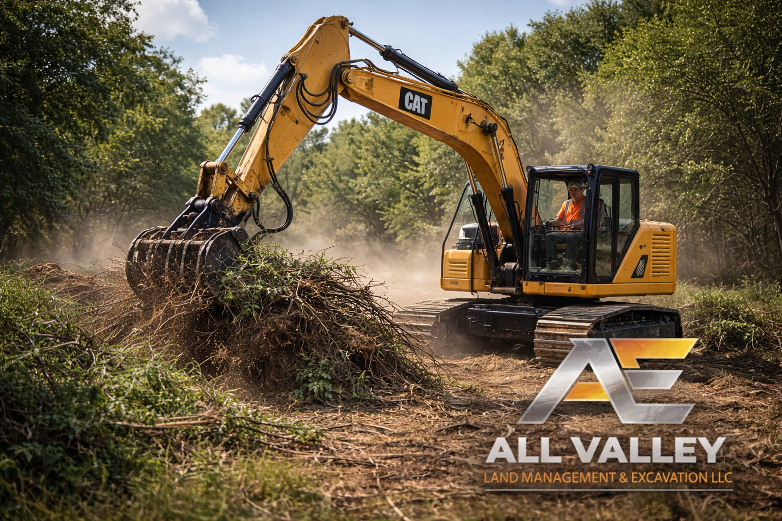 Yellow excavator clearing brush in a dusty wooded area with All Valley logo