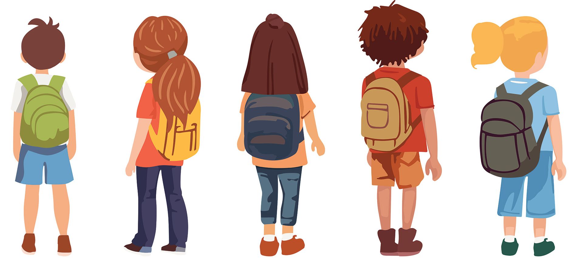 Five culturally diverse 5th graders with backpacks