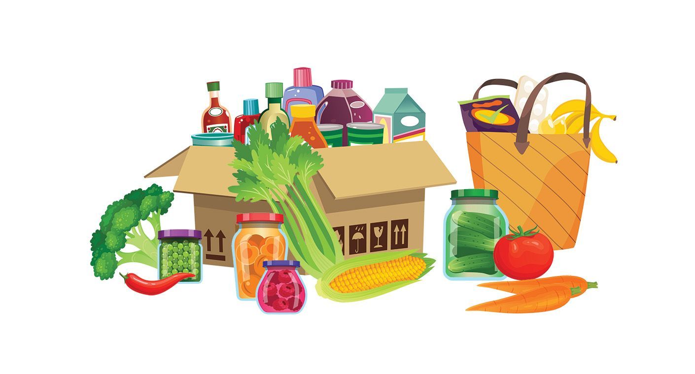boxes and bags of food