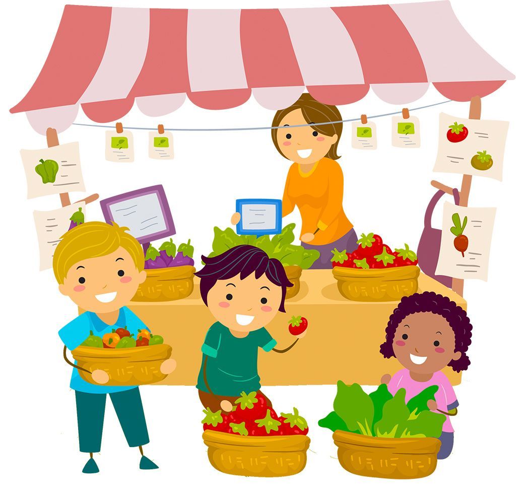 multicultural grade school children at farmers market
