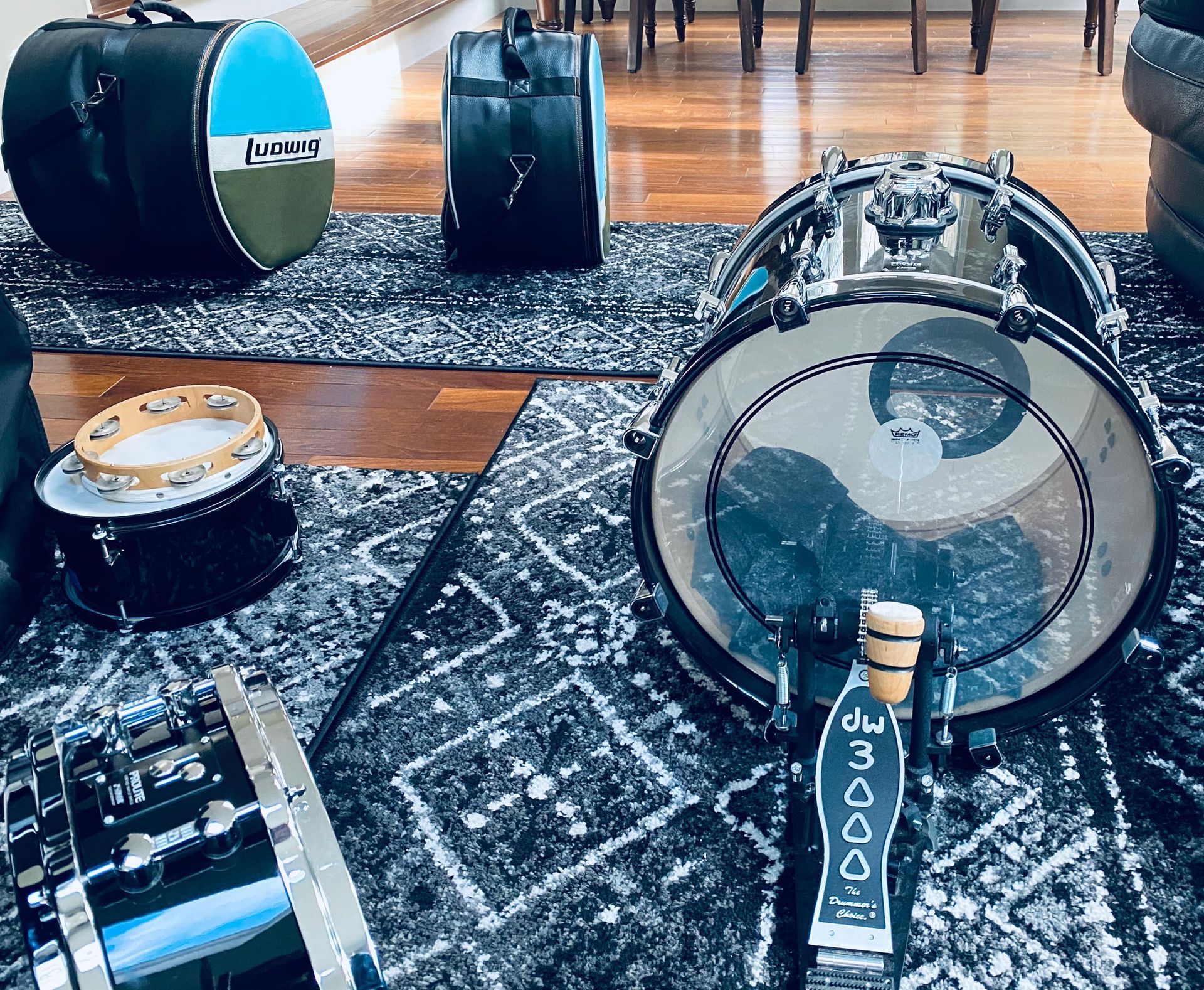 a drum set that is separated from each other