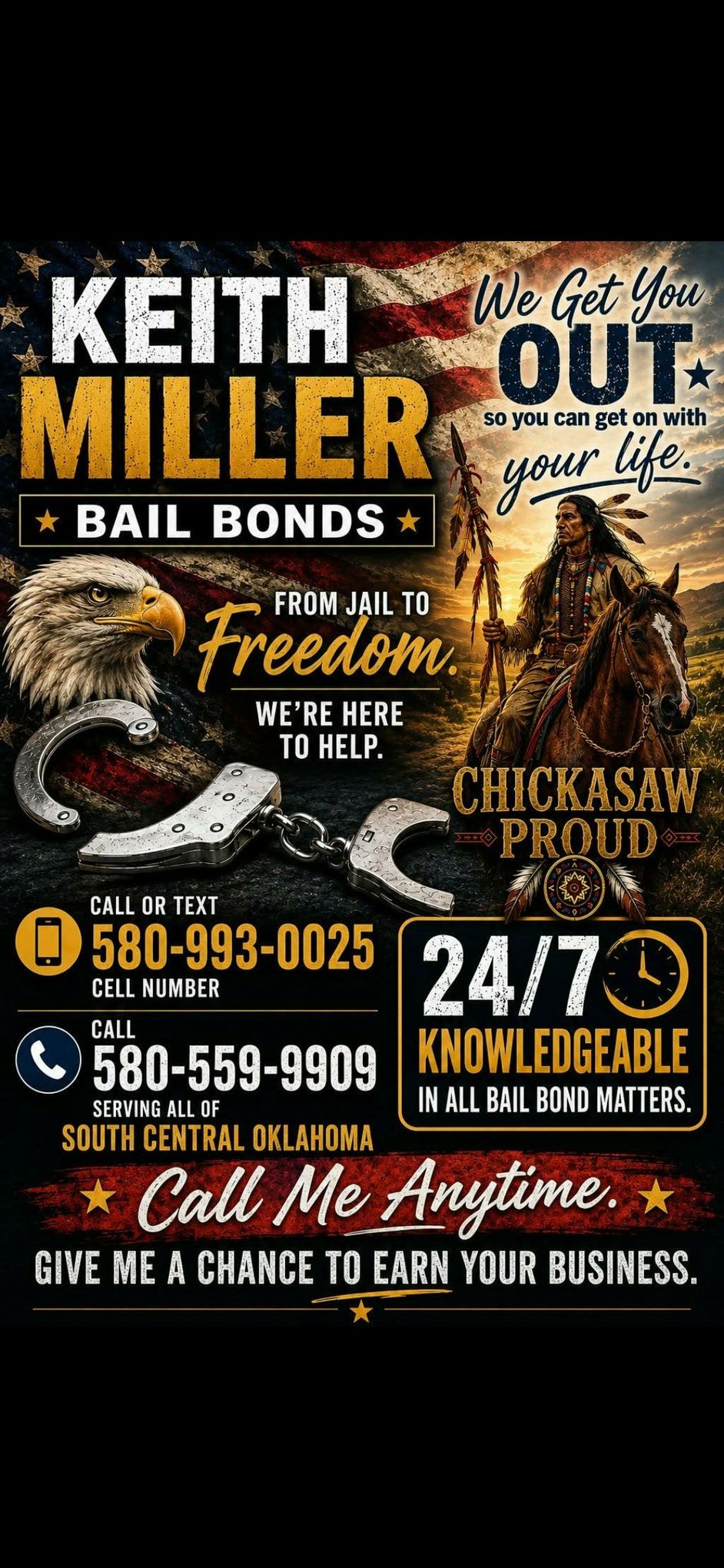 Keith Miller bail bonds ad with jail bars, phone numbers, 24/7 service, and “Call me anytime” text