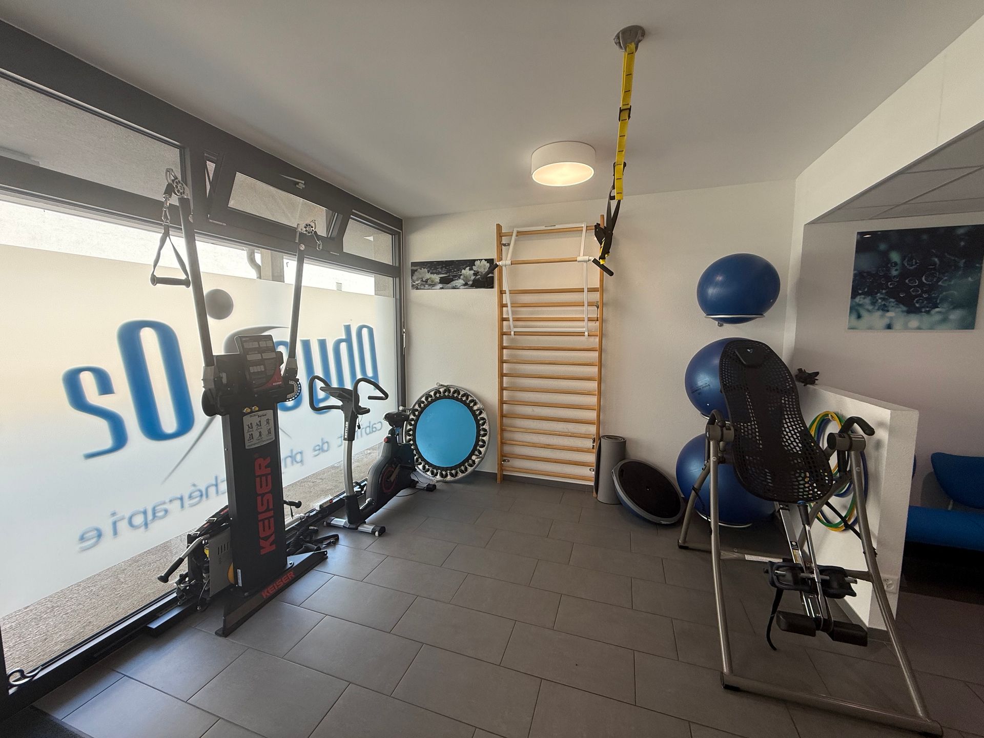 Petite salle de sport à domicile avec équipements de musculation, barres murales, ballons de stabilité et grandes fenêtres.